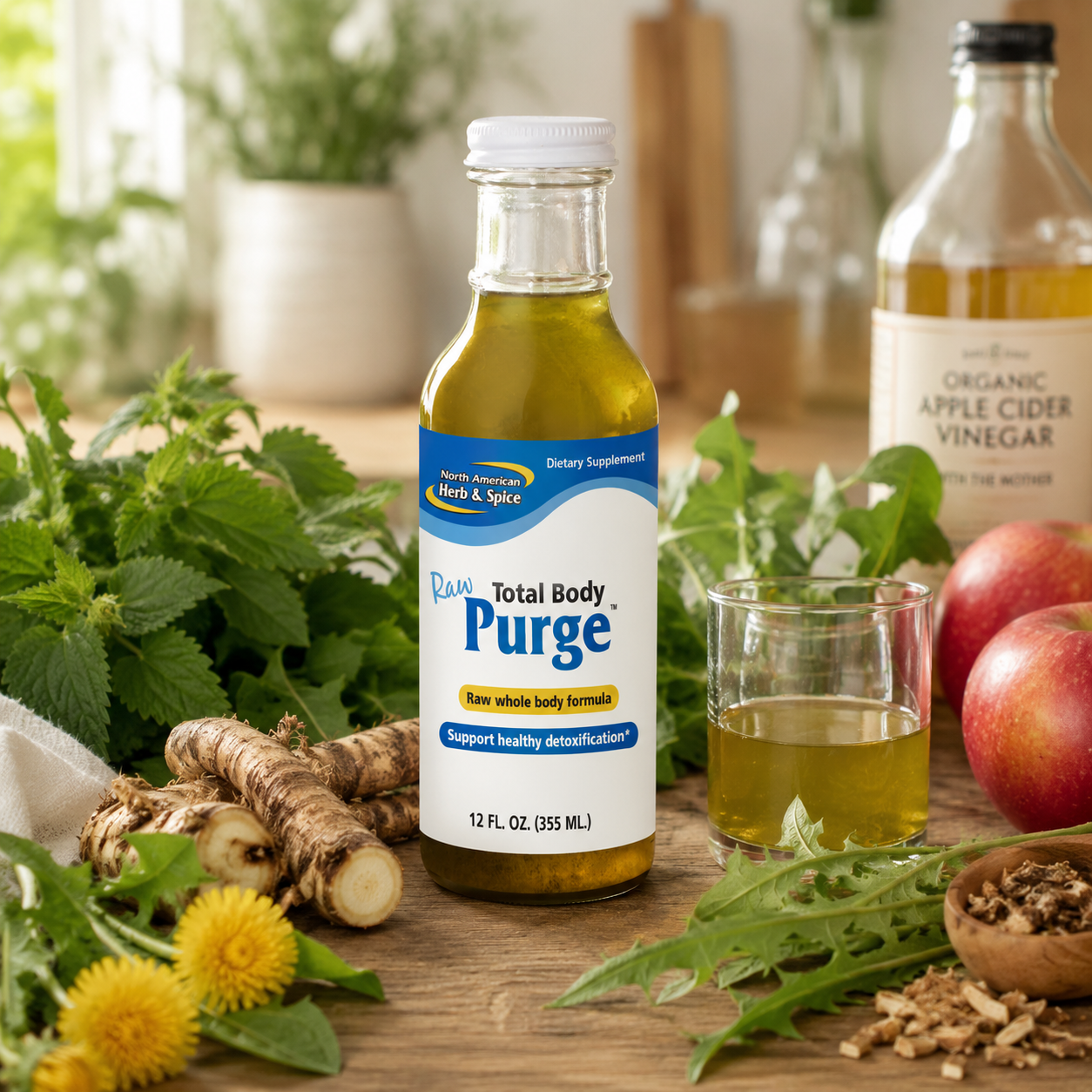 North American Herb & Spice - Total Body Purge bottle with herbs and apple cider vinegar on a rustic table